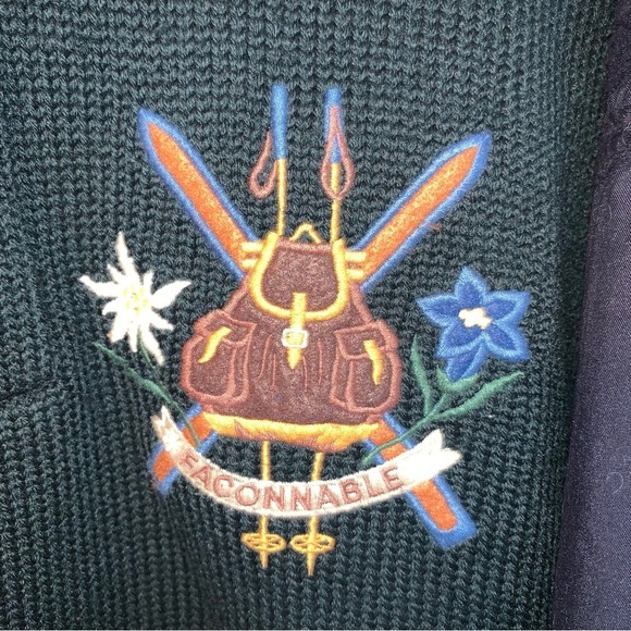 Faconnable Green Blue 100% Wool Sweater Leather Patches Embroidered Crest L - Picture 4 of 9